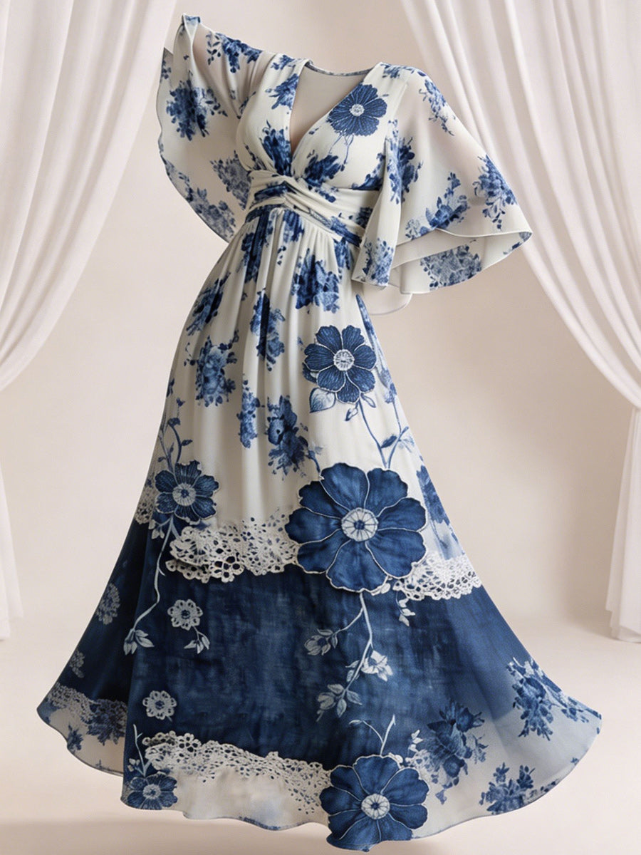 Retro Style Art Printed Elegant V-Neck Vintage Wide-Sleeved Sleeves Maxi Dress