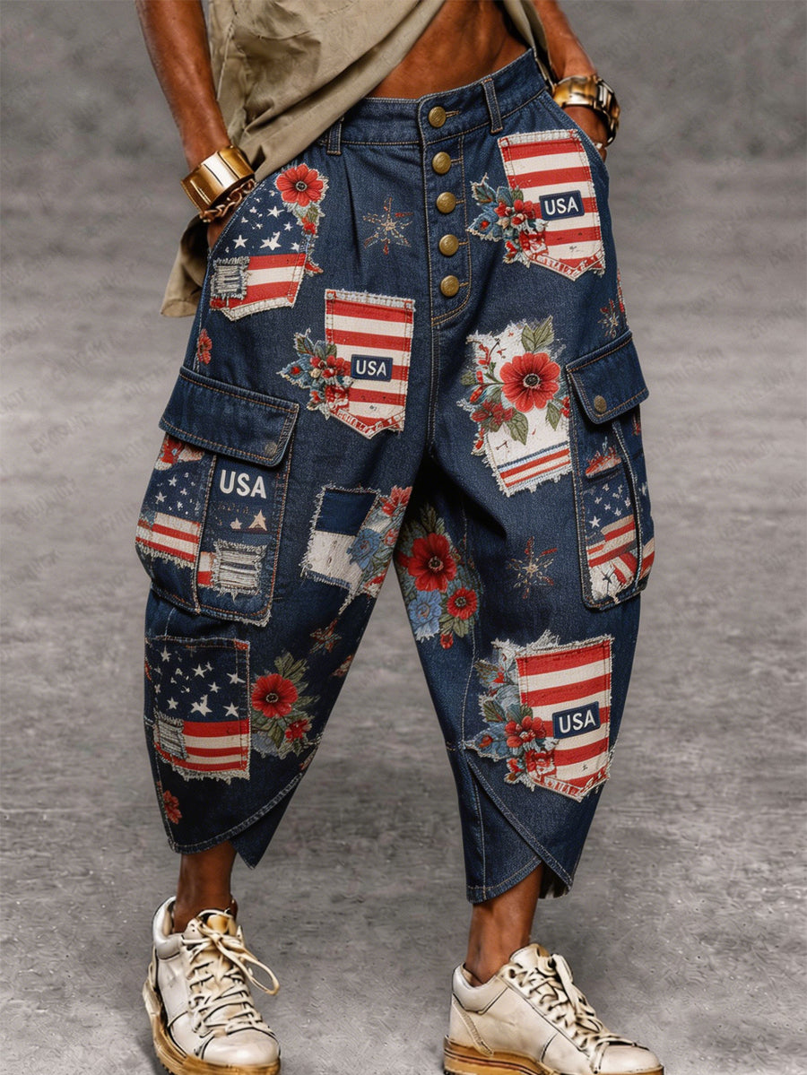 Men's Retro Art Print Casual Cargo Pants
