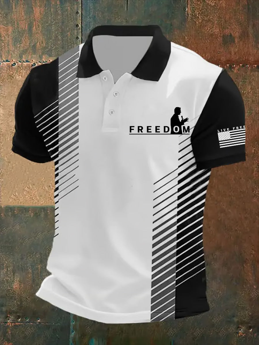 Men's Freedom American Flag Print Retro Round Neck Short Sleeves Polo Shirt