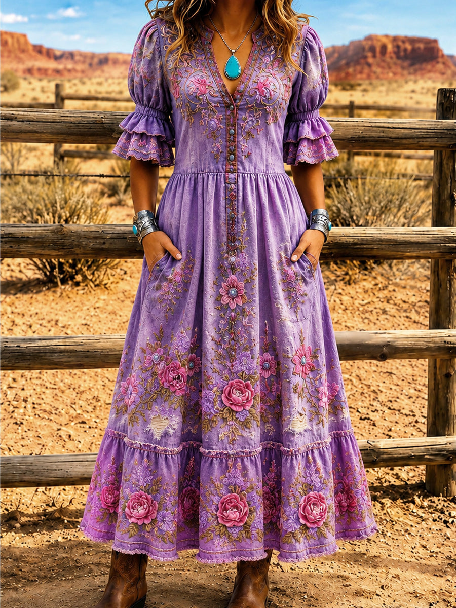 Women's Retro Art Print Washed Cotton Lace Patchwork Midi Dress