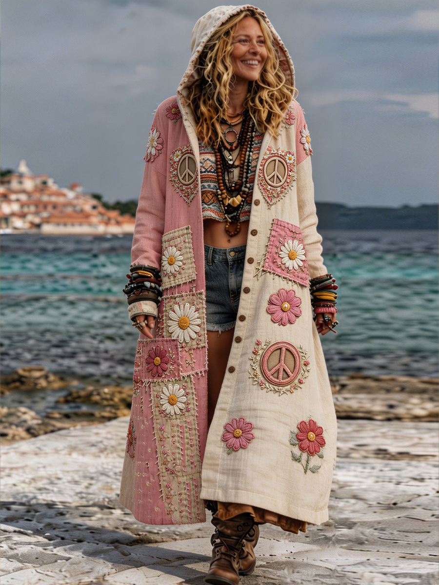 Retro Bohemian Style Art Printed Cotton Buttoned Hooded Casual Loose Long-Sleeved Shirt