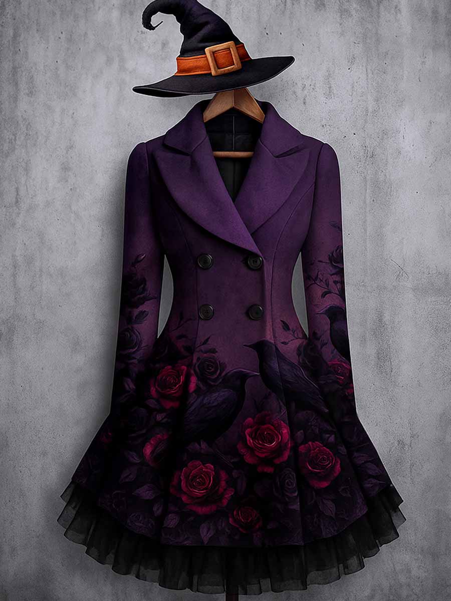 Raven Floral Art Print Vintage Elegant Lapel V-Neck Button Up Long Sleeve Coat Dress