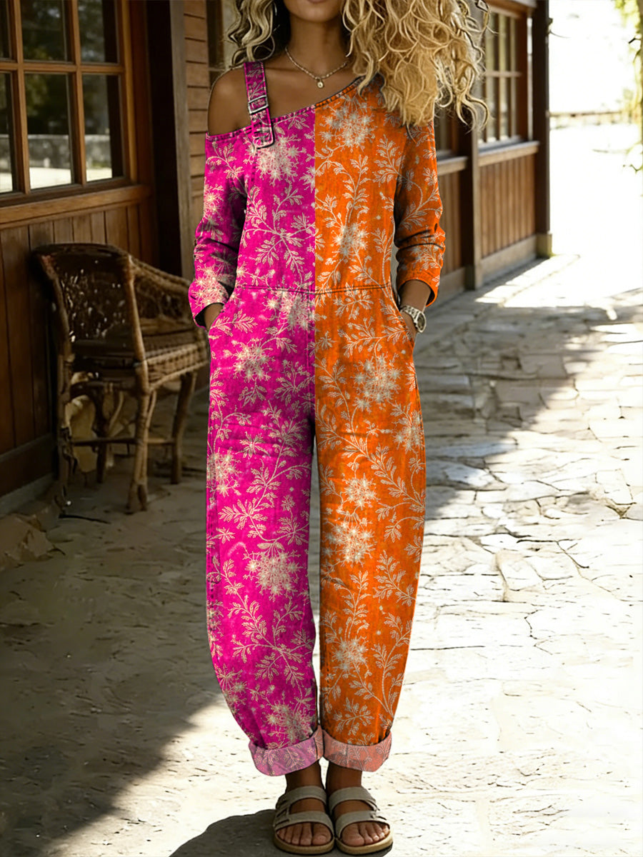 Women's Retro Style Floral Art Print Washed Cotton Denim Patchwork Jumpsuit