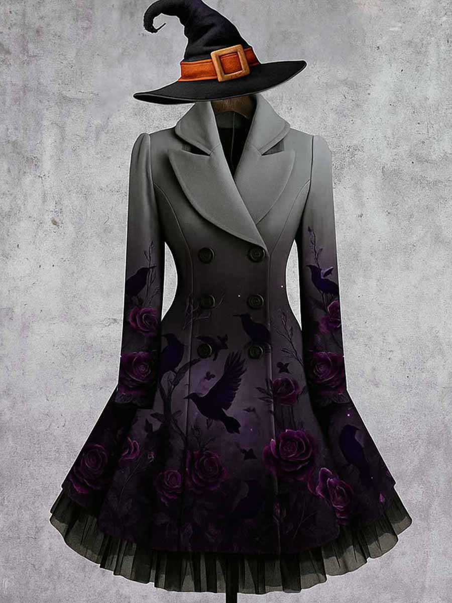 Raven Floral Art Print Vintage Elegant Lapel V-Neck Button Up Long Sleeve Coat Dress