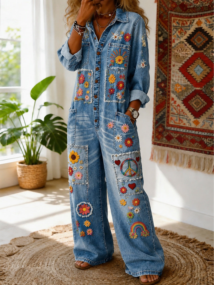 Women's Retro Style Art Print Washed V-Neck Cotton Denim Patchwork Jumpsuit