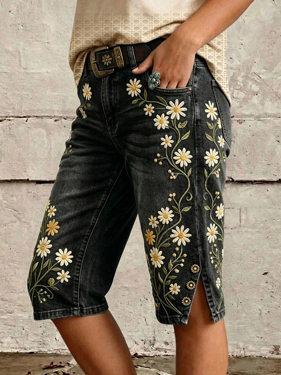 Retro Style Floral Print Vintage Casual Denim Shorts