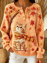 Women's Casual Print Button-Up Collar Knit Top