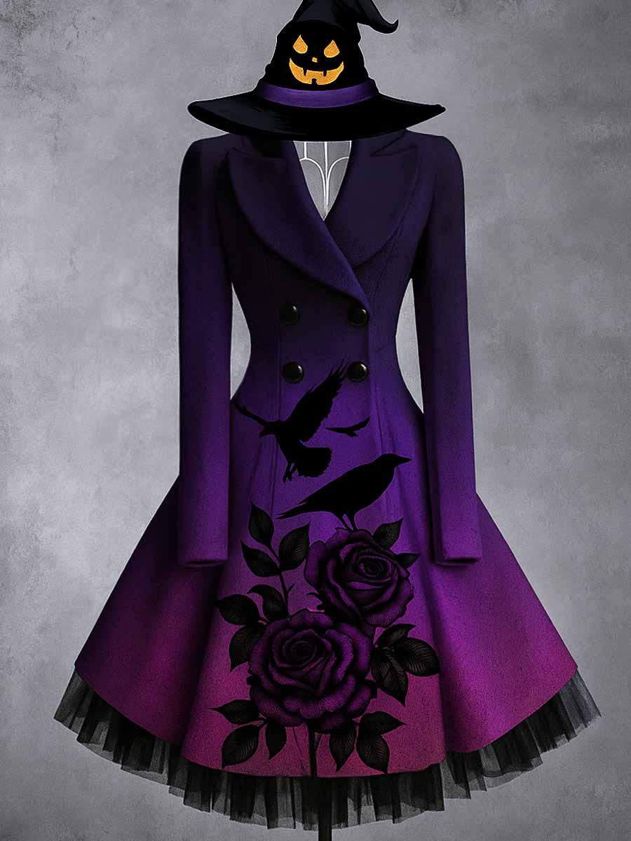 Raven Floral Art Print Vintage Elegant Lapel V-Neck Button Up Long Sleeve Coat Dress