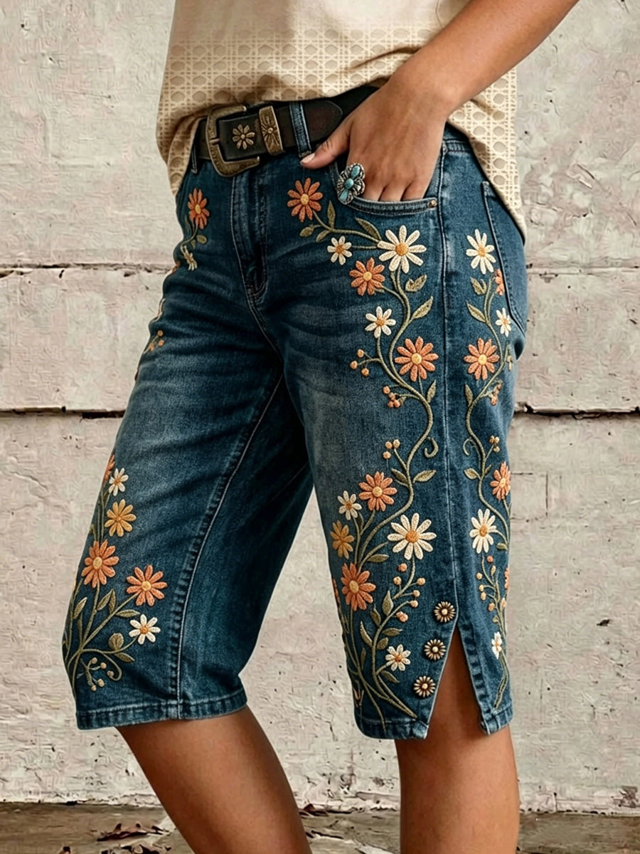 Retro Style Floral Print Vintage Casual Denim Shorts