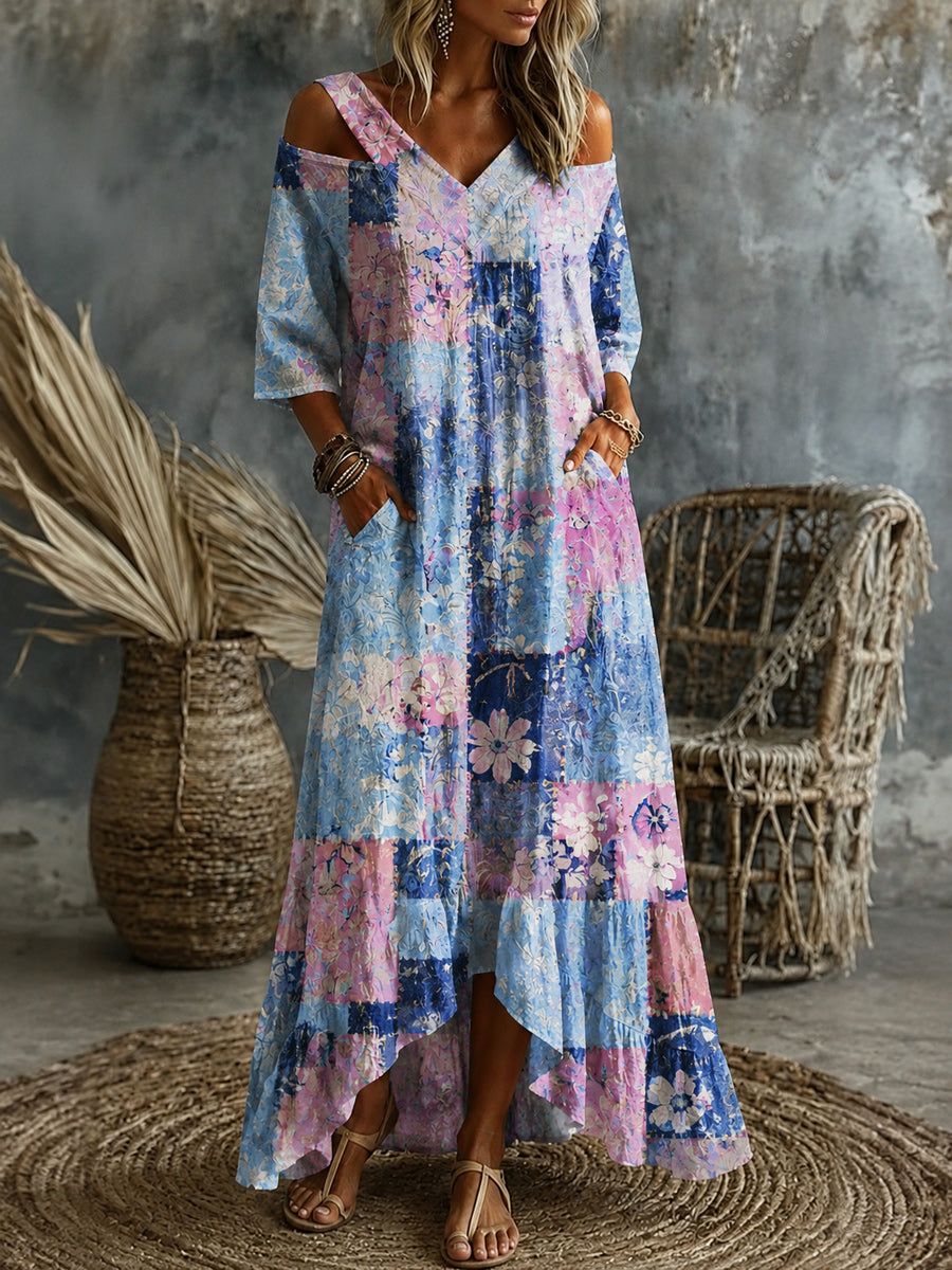 Women's Retro Art Print Washed Cotton V-Neck Maxi Dress