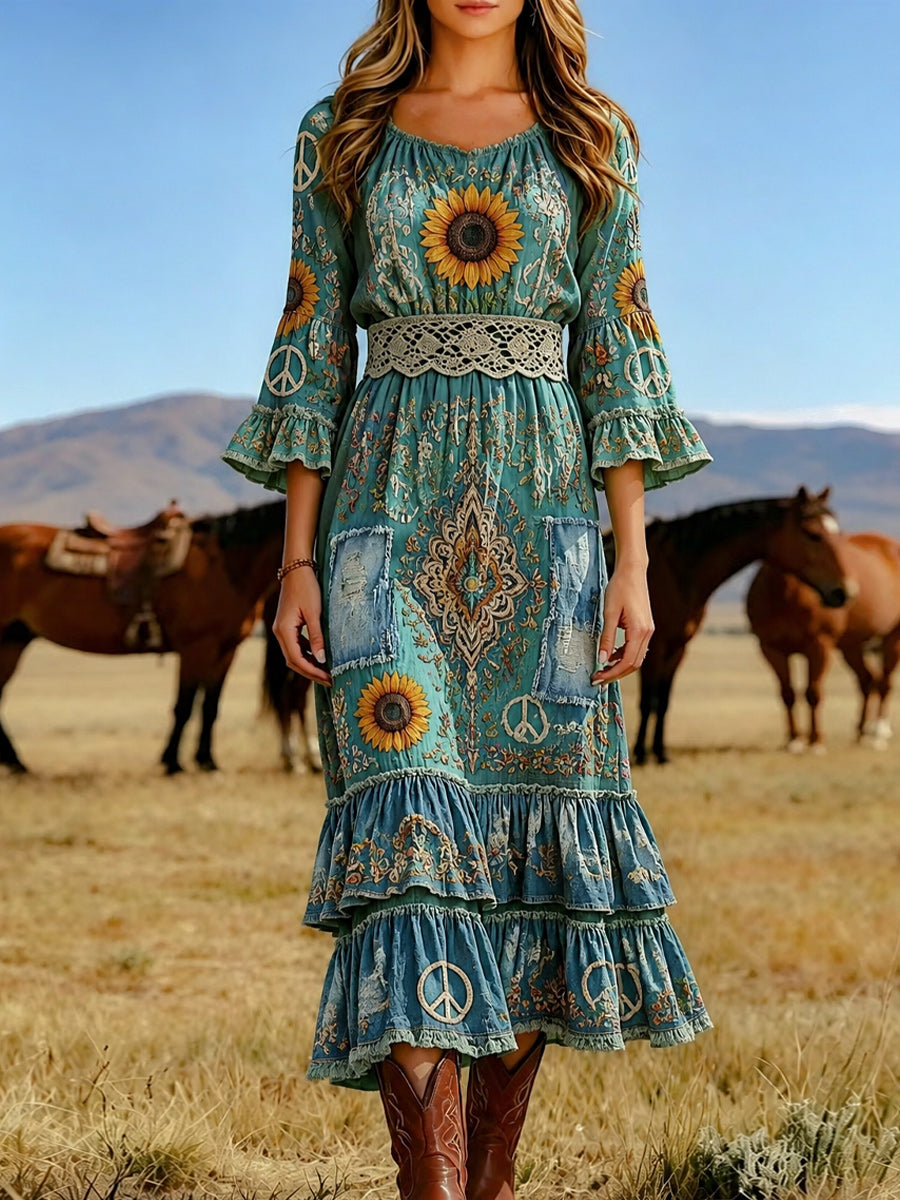 Women's Retro Art Print Washed Cotton Layered Patchwork Midi Dress