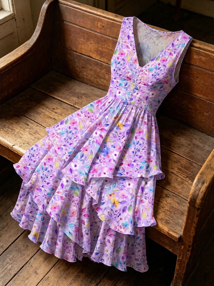 Retro Floral Art Print Casual Vintage V-Neck Button Midi Dress