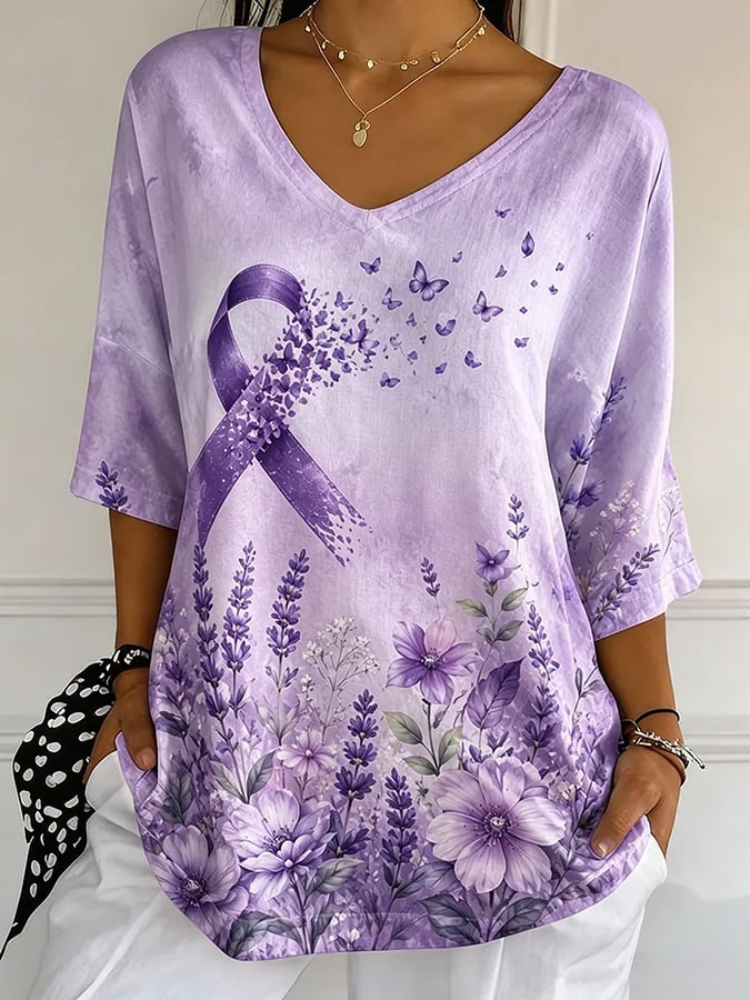 Women's Casual V-neck Art Print Loose Top