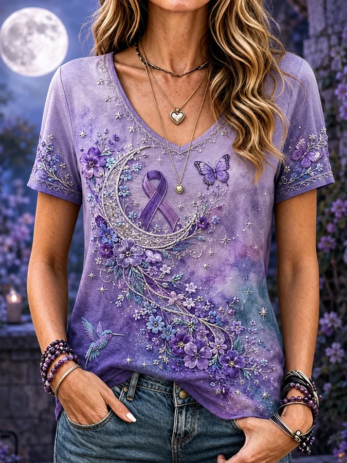 Women's Purple Floral Print T-Shirt