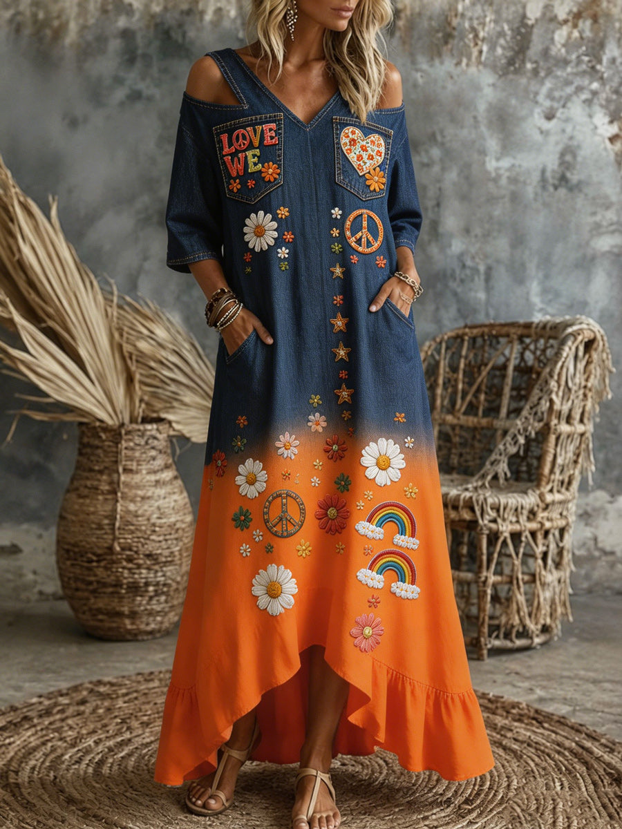 Women's Retro Art Print Washed Cotton V-Neck Maxi Dress