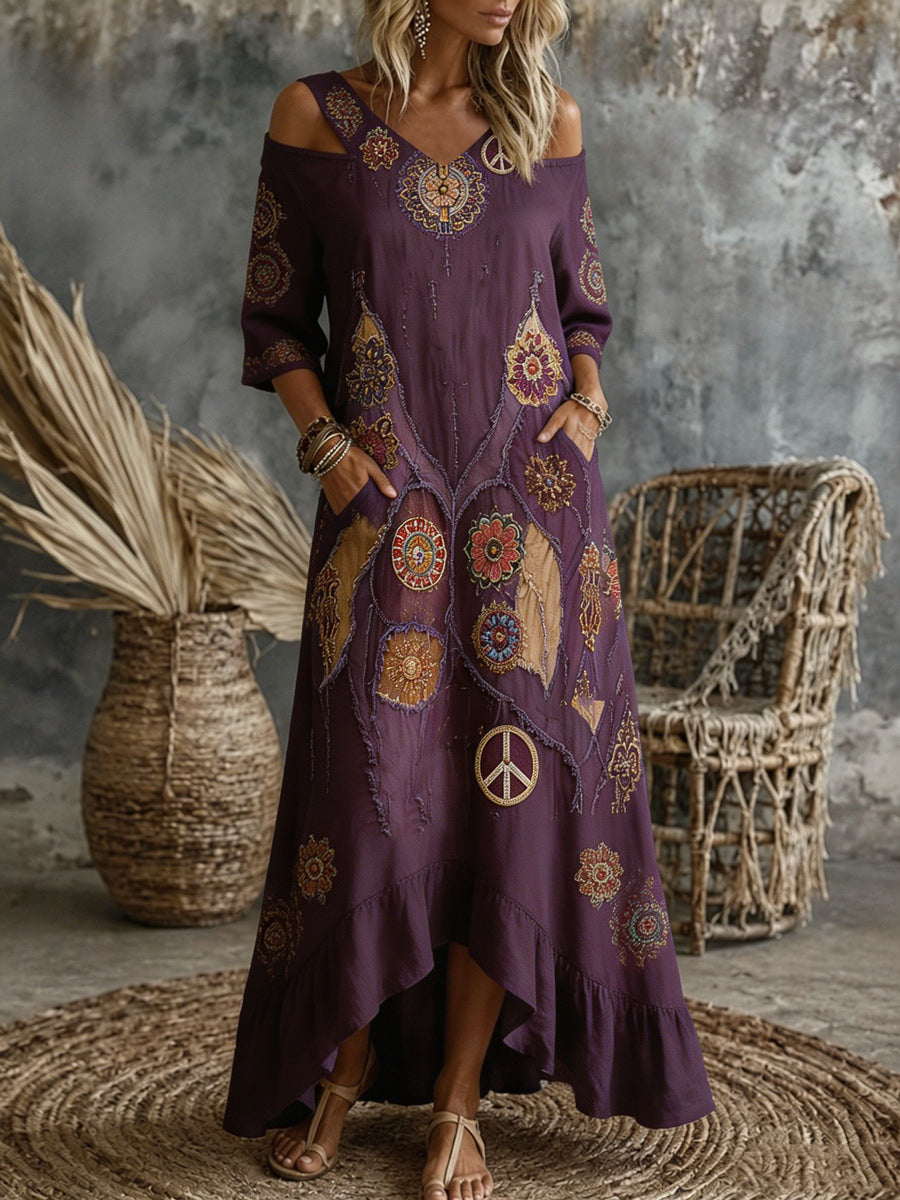 Women's Retro Art Print Washed Cotton V-Neck Maxi Dress