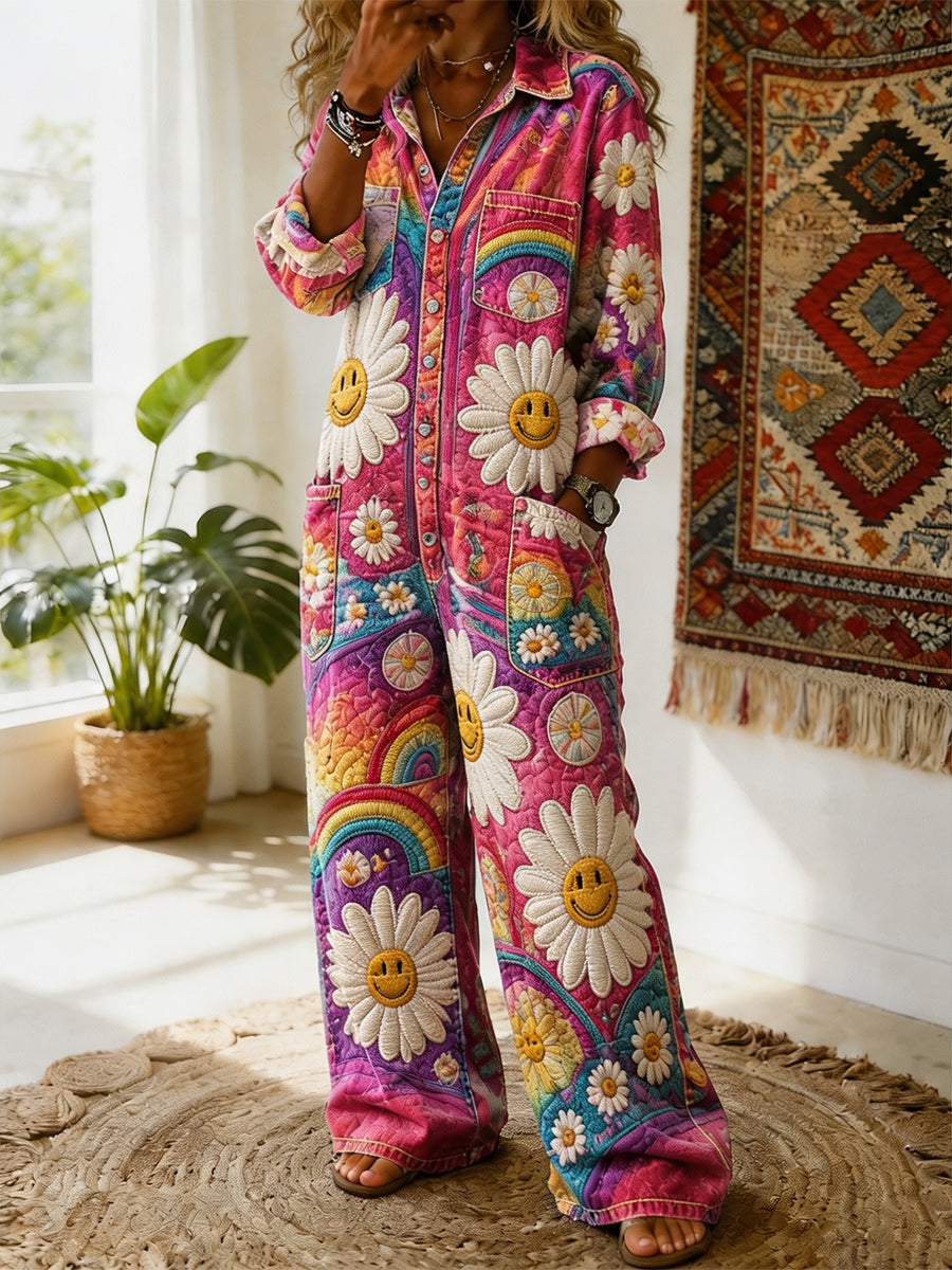 Women's Retro Style Art Print Washed V-Neck Cotton Denim Patchwork Jumpsuit
