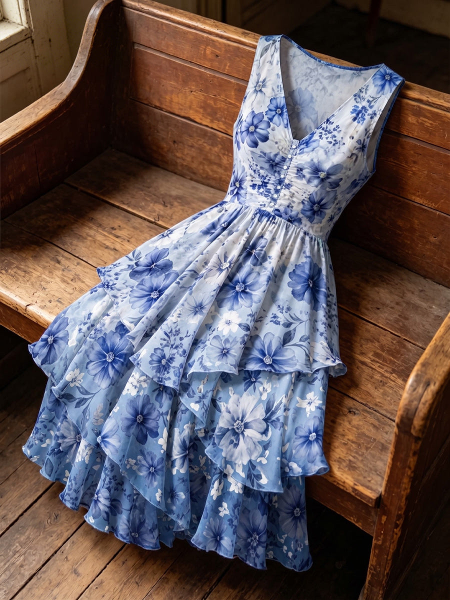 Retro Floral Art Print Casual Vintage V-Neck Button Midi Dress