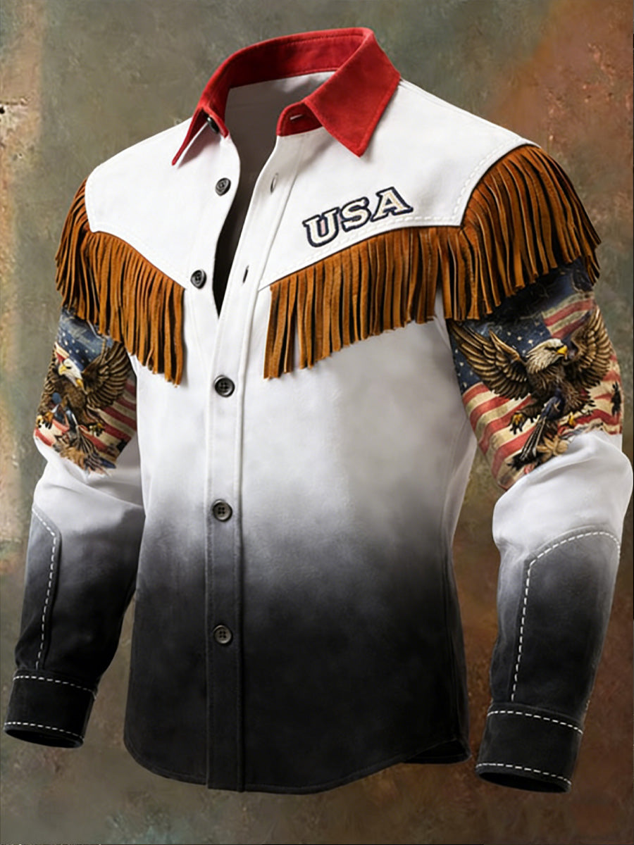Men's Retro U.S 250 American Eagle Print Western Vintage Tassel Casual Long Sleeve Shirt