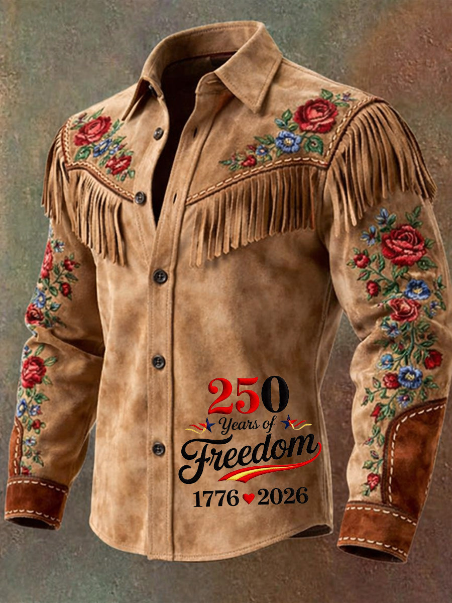 Men's Retro USA Flag Art Print Western Vintage Tassel Casual Long Sleeve Shirt