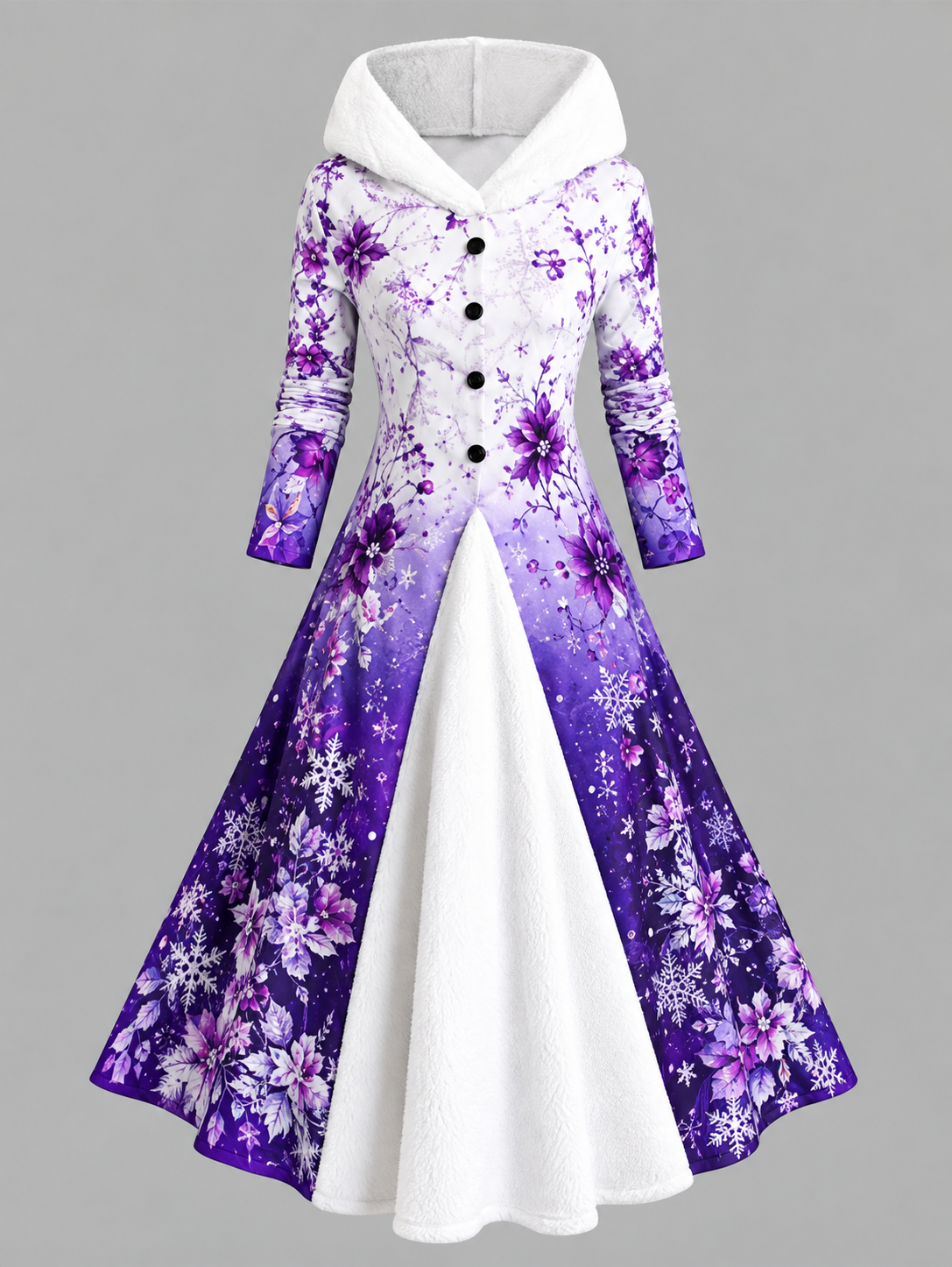 Women's Vintage Art Fleece-Lined Hooded Patchwork Maxi Dress