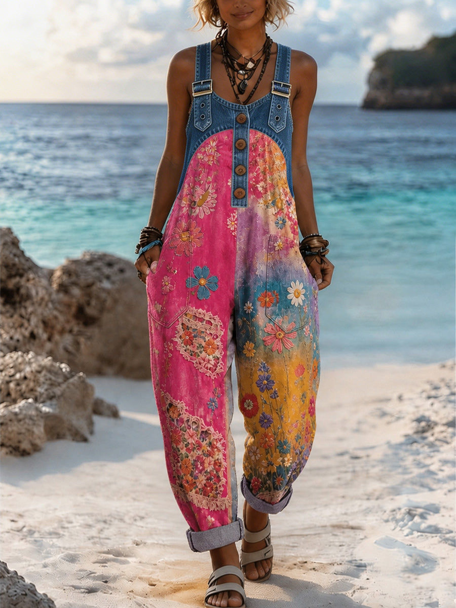 Women's Retro Style Art Print Washed Cotton Denim Patchwork Jumpsuit