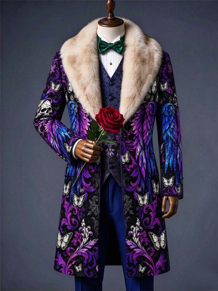 Men's Christmas Art Print Fur Shawl Collar Double Breasted Long Overcoat