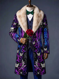 Men's Christmas Art Print Fur Shawl Collar Double Breasted Long Overcoat
