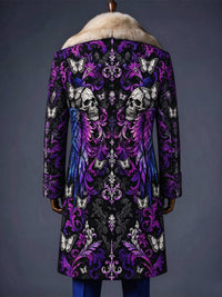 Men's Christmas Art Print Fur Shawl Collar Double Breasted Long Overcoat
