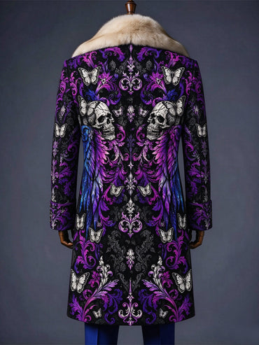 Men's Christmas Art Print Fur Shawl Collar Double Breasted Long Overcoat