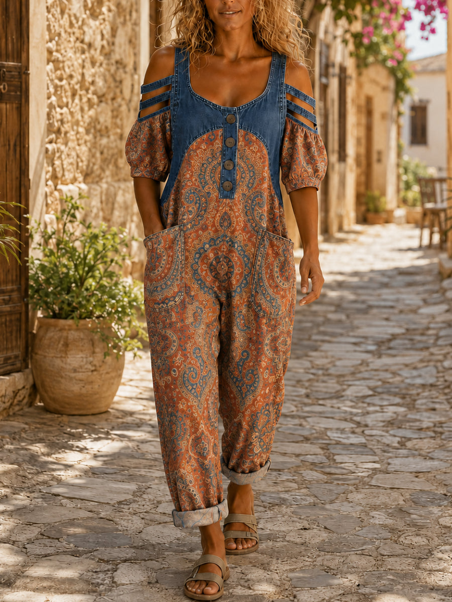 Women's Casual Short Sleeve Denim Patchwork Jumpsuit