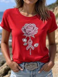 Women's Pink Rhinestone Rose And Awareness Ribbon Print T-Shirt