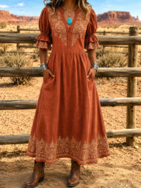 Women's Retro Art Print Washed Cotton Lace Patchwork Midi Dress