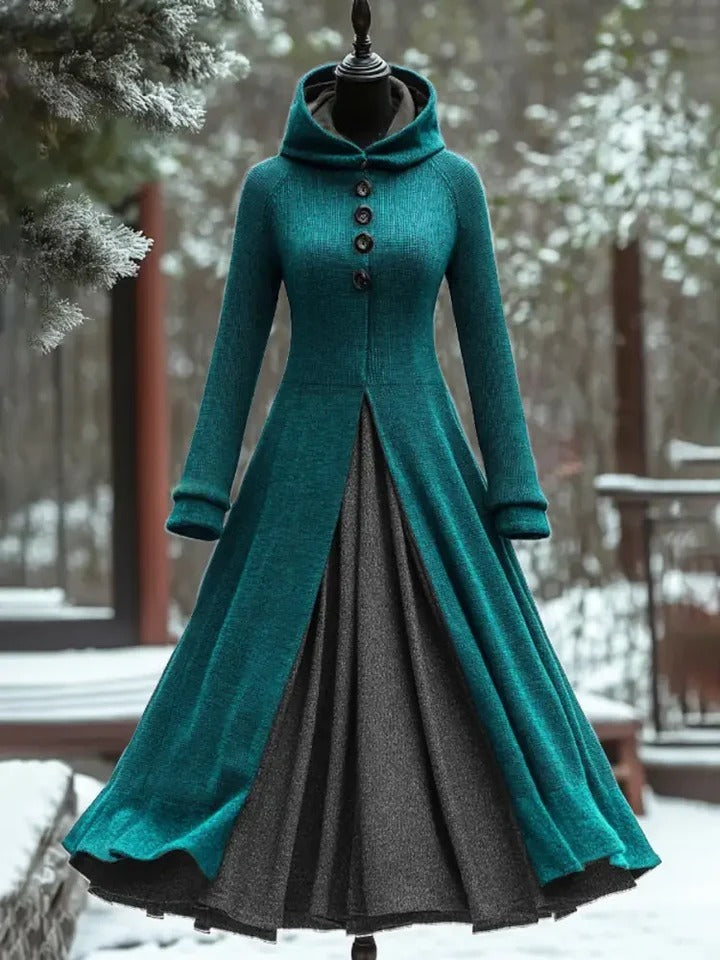Vintage Art Print Long Sleeve Maxi Dress Hooded Dress