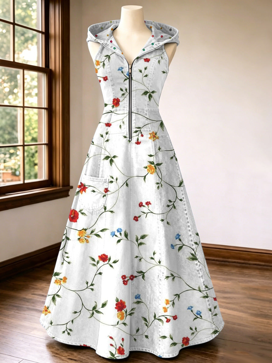 Retro Style Art Print Vintage V-Neck Hooded Zipper Maxi Dress