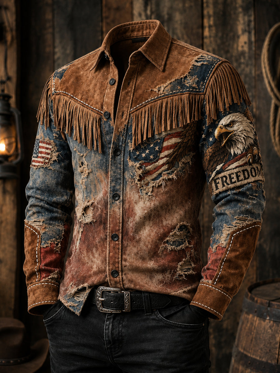 Men's Retro 250th Anniversary National Flag Print Vintage Tassel Casual Long Sleeve Shirt
