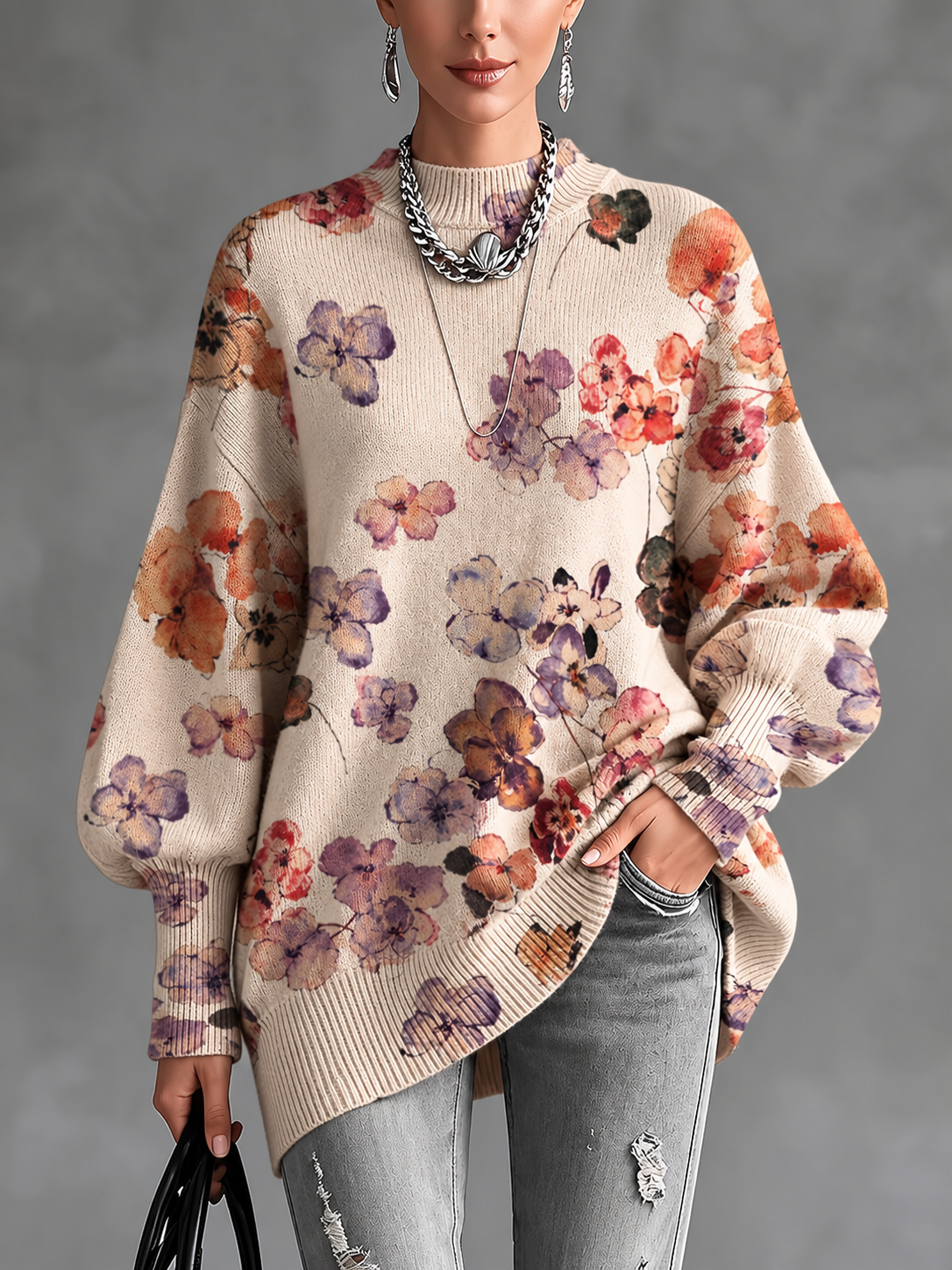 Women’s Fall Winter Vintage Art Lantern Sleeve Knit Sweater