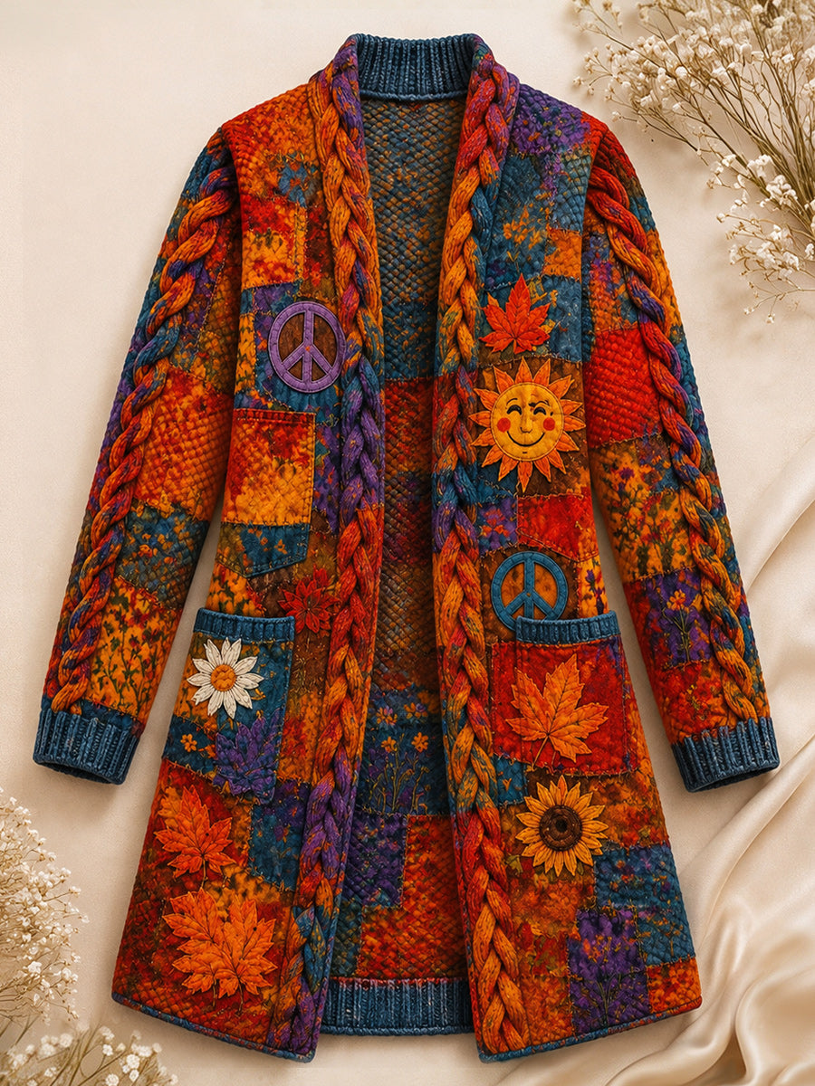 Retro Style Art Print Casual Pocket Mid-Length Knitted Cardigan Coat