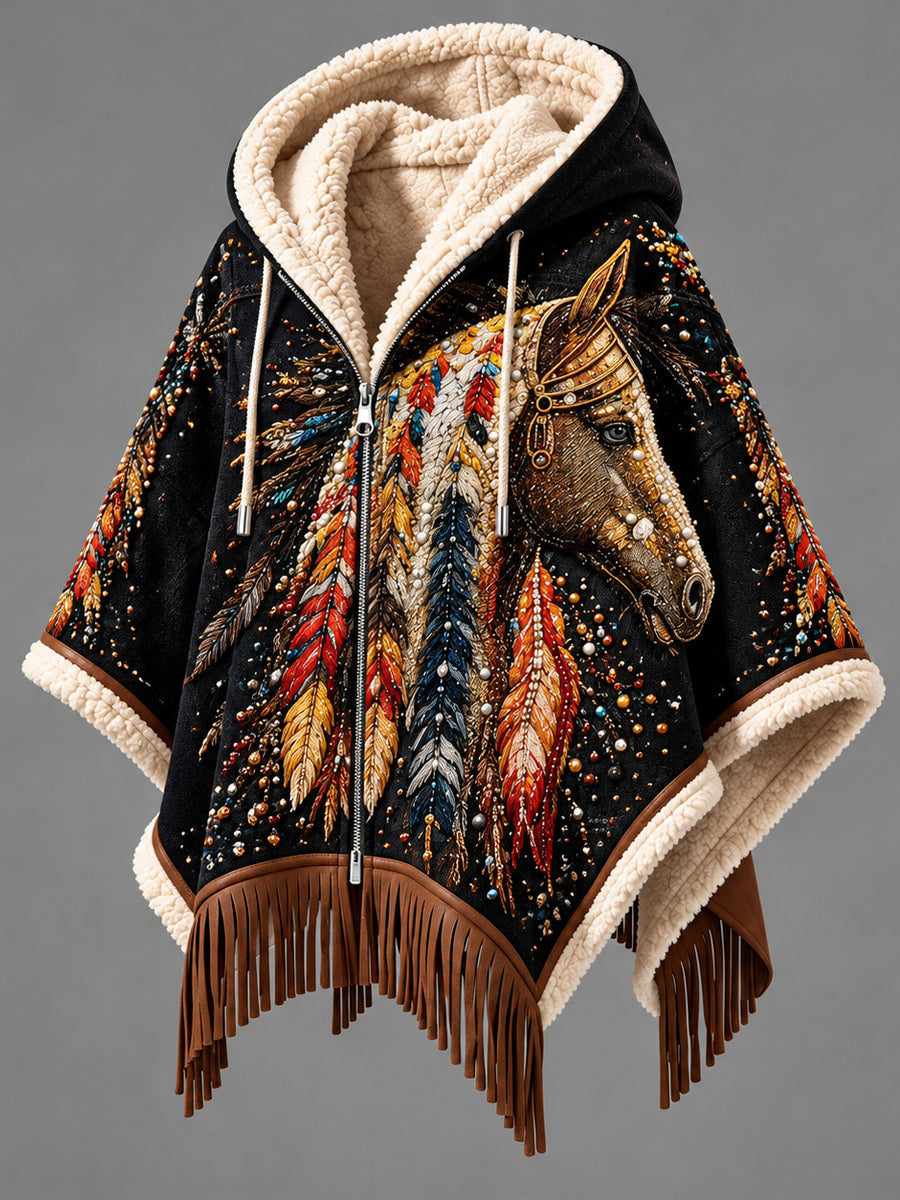 Women's Fall Winter Vintage Art Fleece-Lined Hooded Fringe Poncho