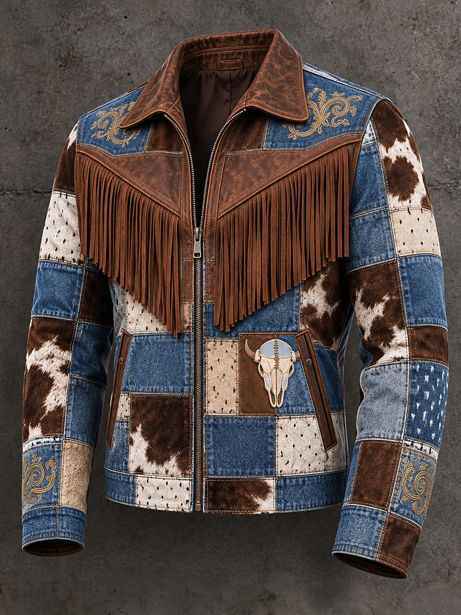 Men's Retro Style Art Print Western Vintage Tassel Casual Zipper Jacket