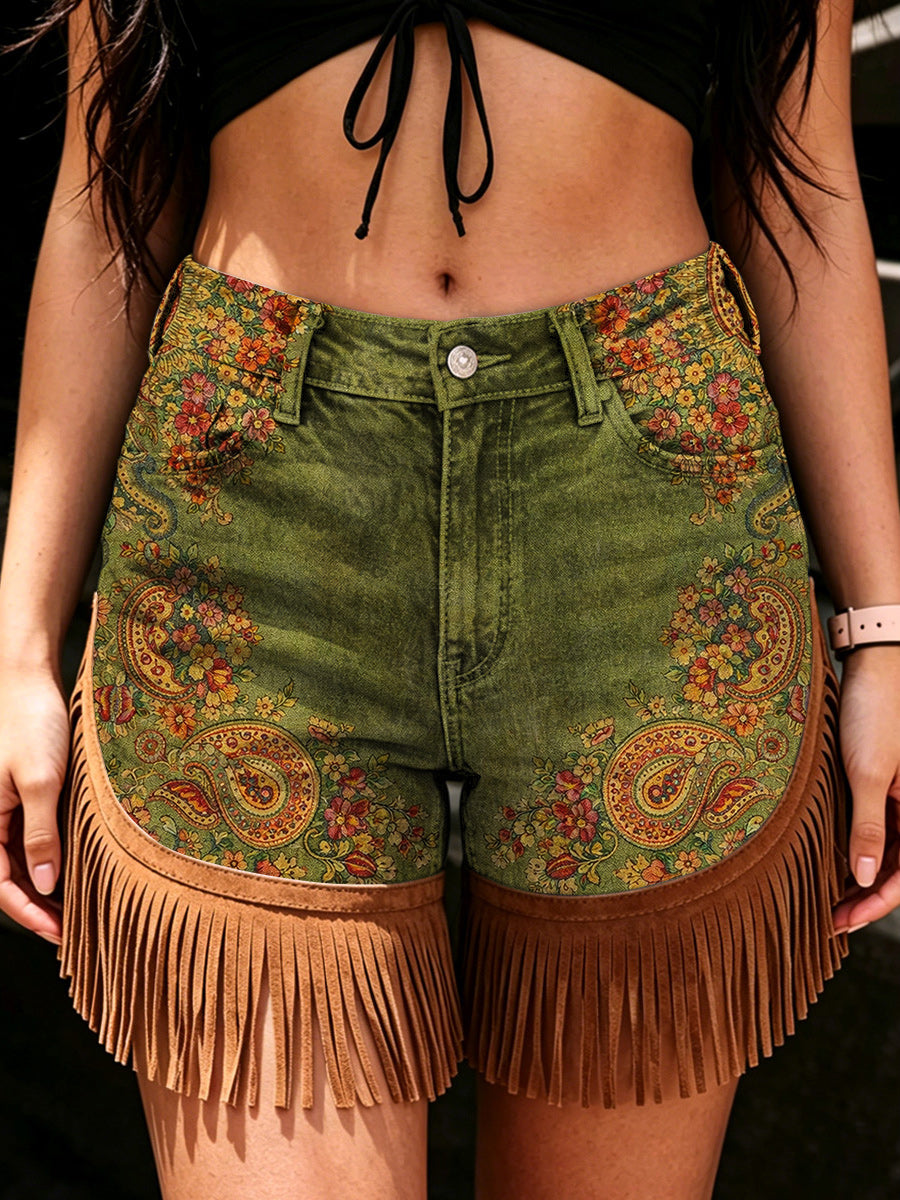 Women's Retro Style Art Print Casual Leather Fringe Patchwork Pocket Shorts