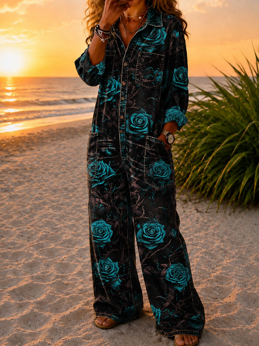 Women's Retro Style Art Print Washed V-Neck Cotton Denim Patchwork Jumpsuit