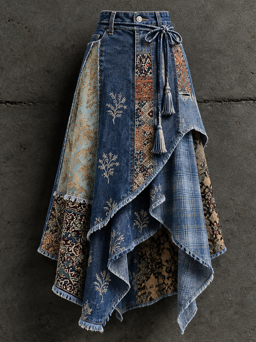 Women's Retro Style Art Print Irregularly Layered Stitched Skirt