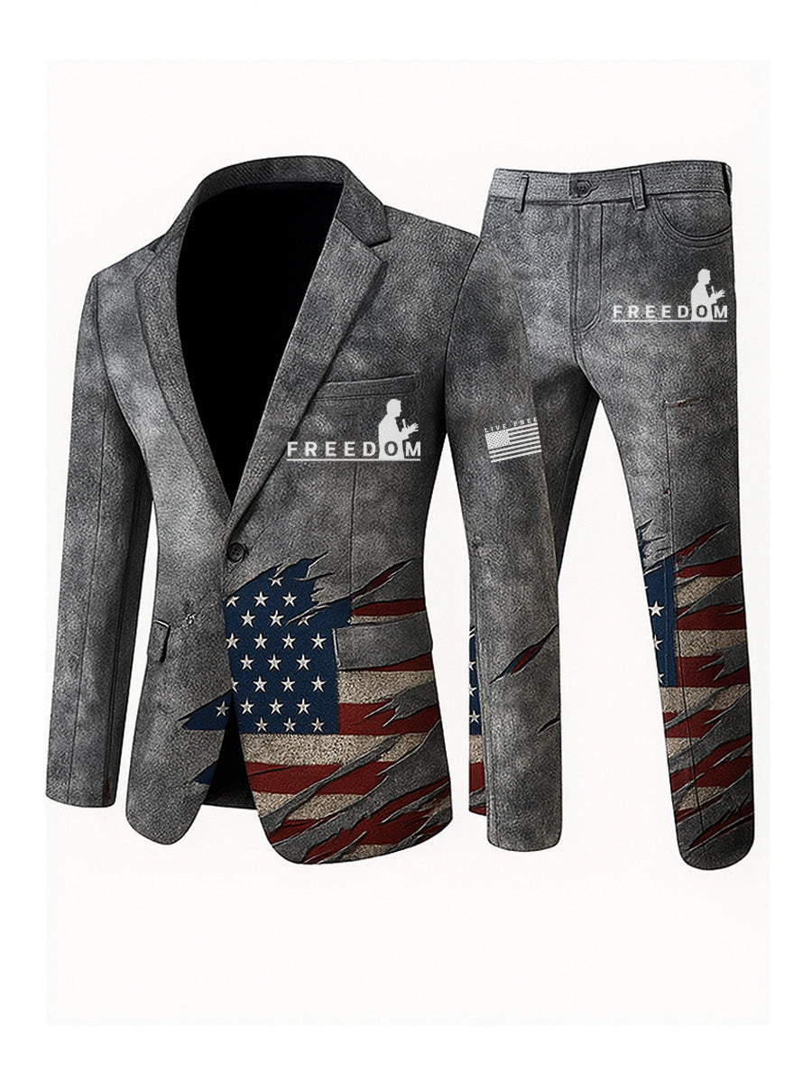 Men's Freedom American Flag Print Casual Jacket Trousers Two-Piece Suits