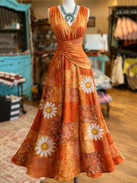 Retro Style Art Printed Elegant V-Neck Vintage Short-Sleeved Maxi Dress