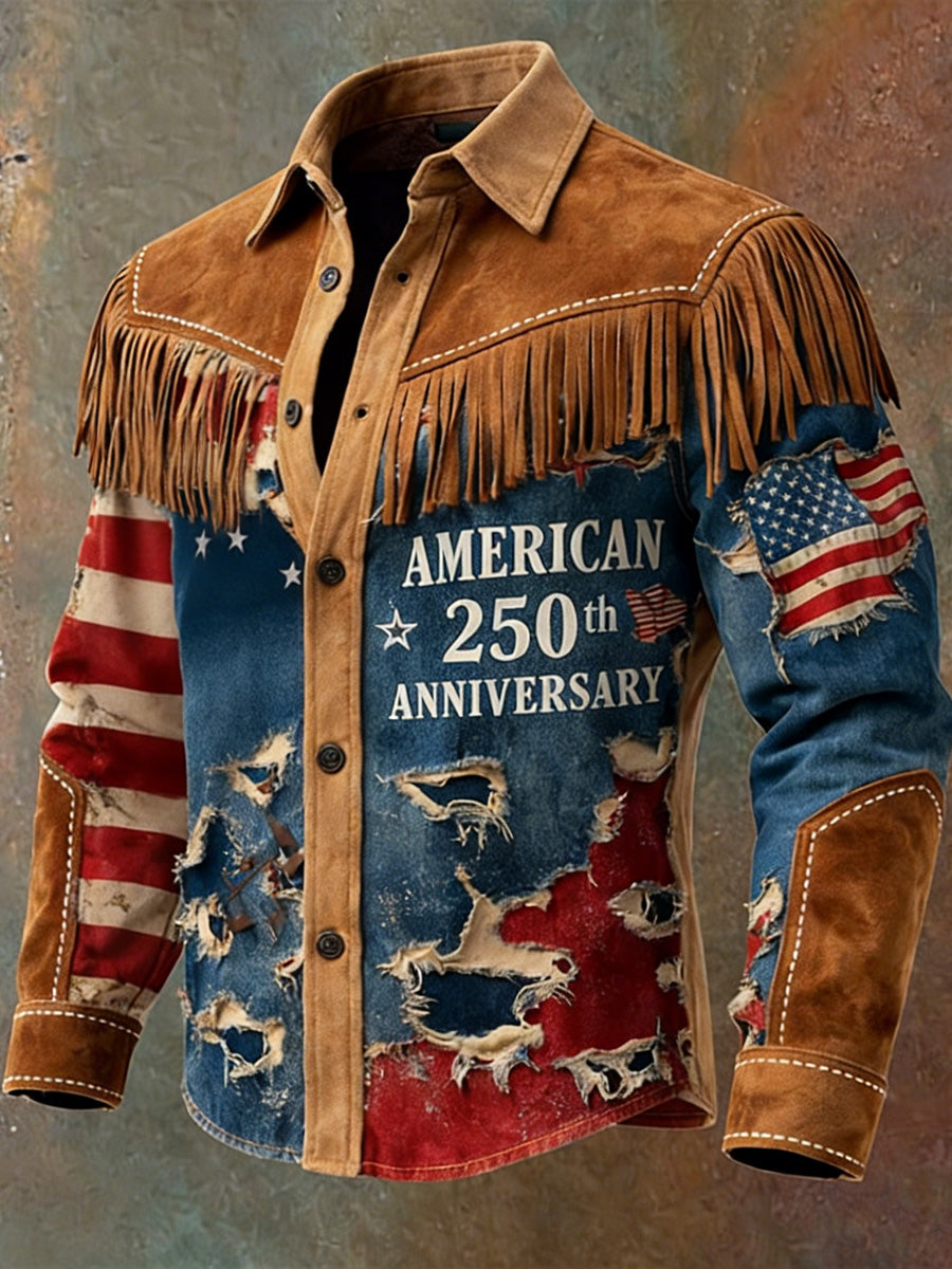 Men's Retro 250th Anniversary National Flag Print Vintage Tassel Casual Long Sleeve Shirt
