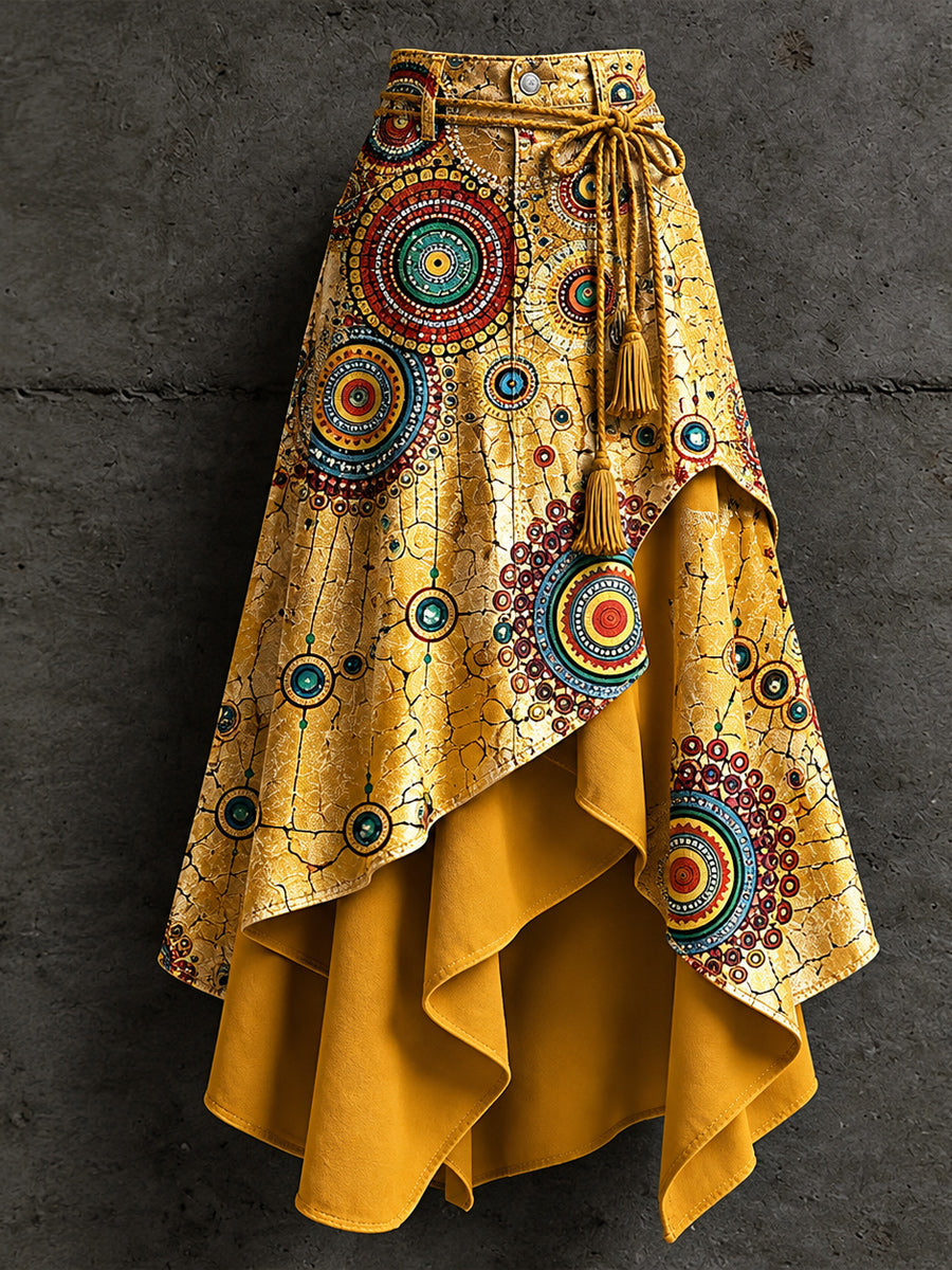 Women's Retro Style Art Print Irregularly Layered Stitched Skirt