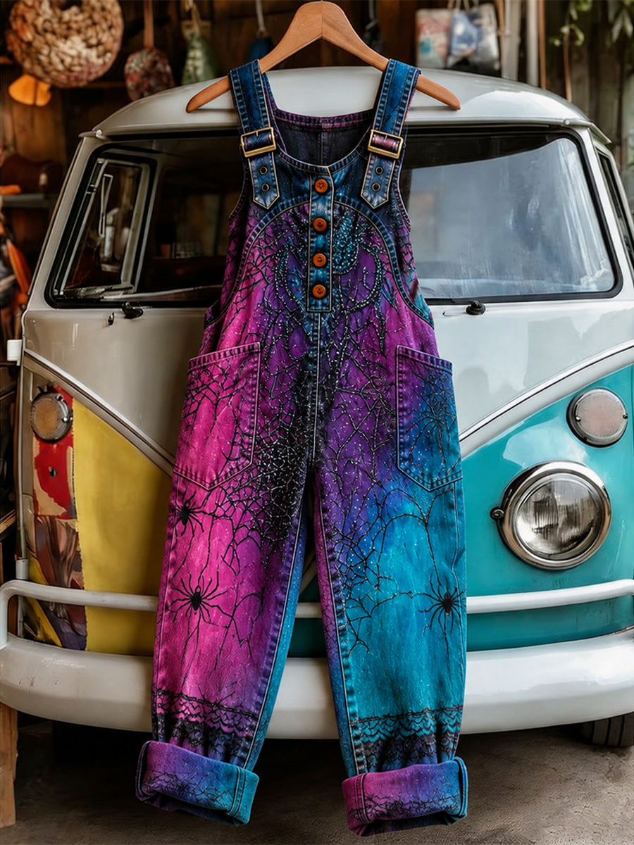 Women's Retro Style Art Print Washed Cotton Denim Patchwork Jumpsuit
