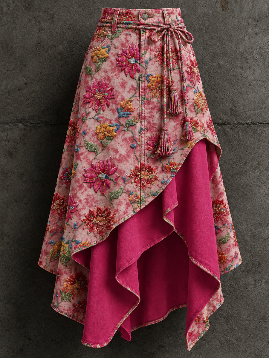 Women's Retro Style Art Print Irregularly Layered Stitched Skirt