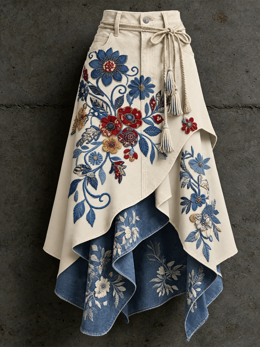 Women's Retro Style Art Print Irregularly Layered Stitched Skirt